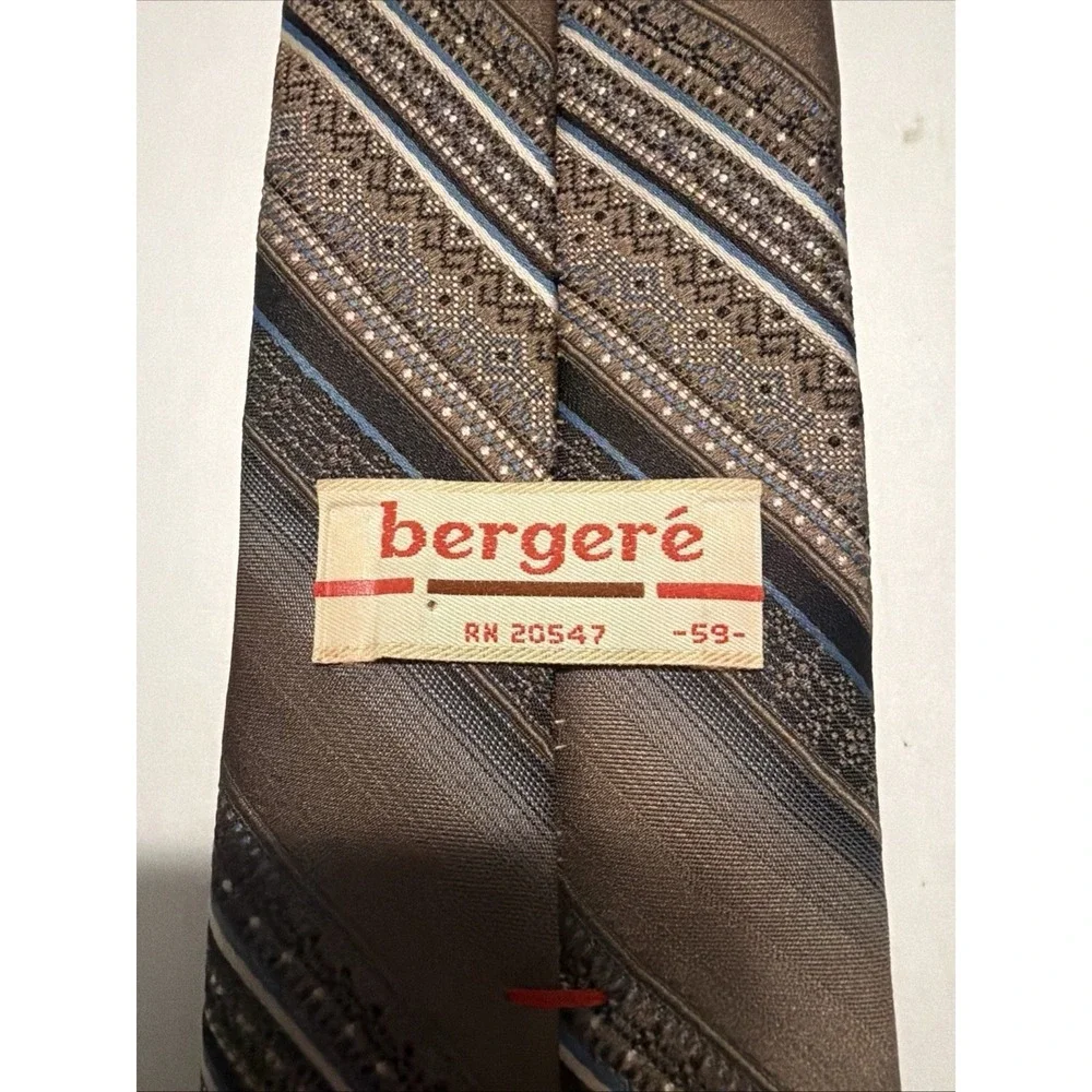 Bergere Mens Necktie Brown Blue Geometric Diagonal Stripe Polyester RN 20547